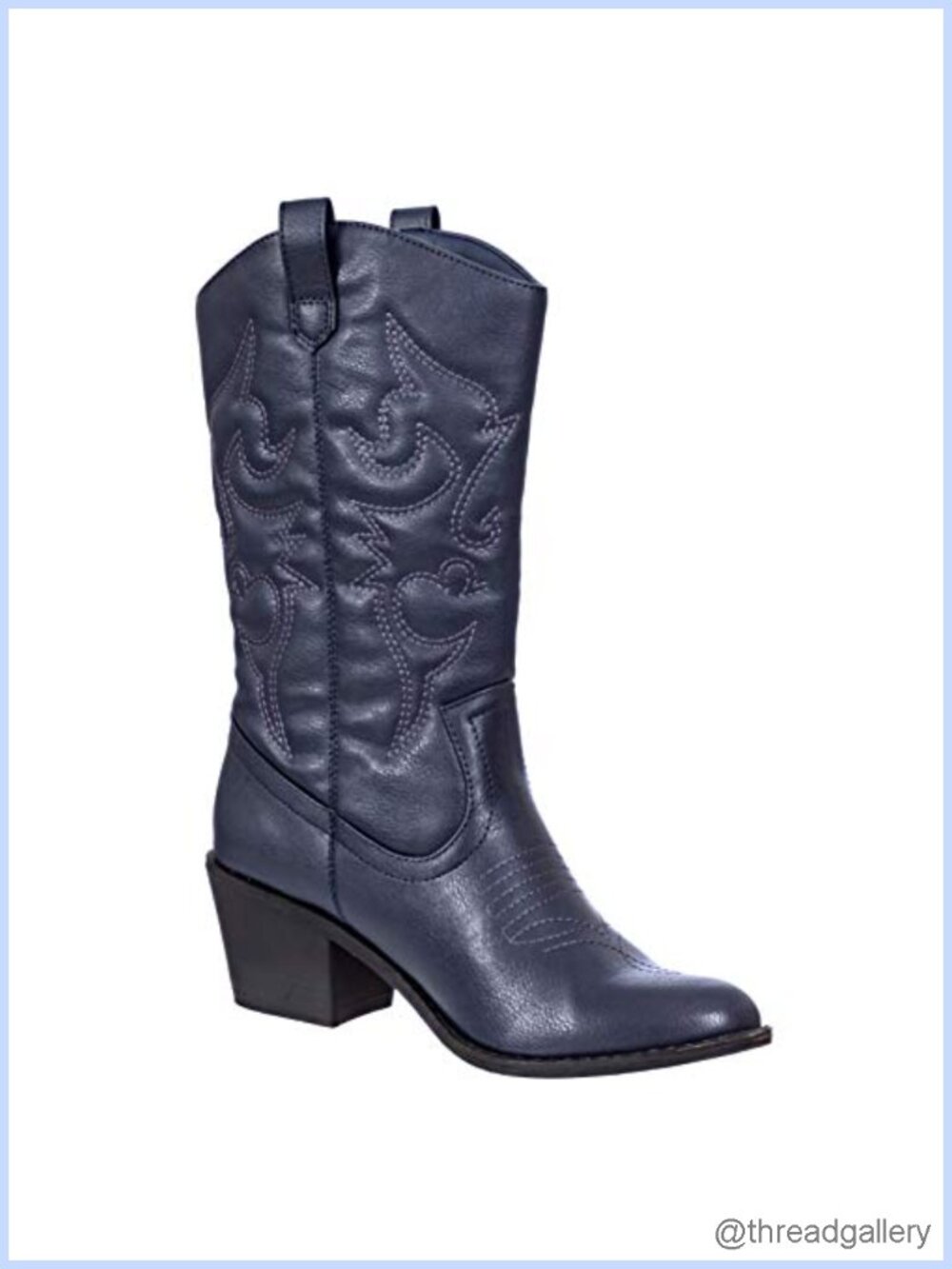 Faux Leather Western Cowgirl Boots Mid-Calf Embroidered Slip On